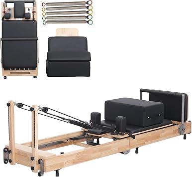 Wooden Pilates Reformer Foldable Oak Pilates Machine Pilates Equipment Set with Box and Jump Board, Extra 5 Springs for Studio, Home Fitness, Home and Home Use