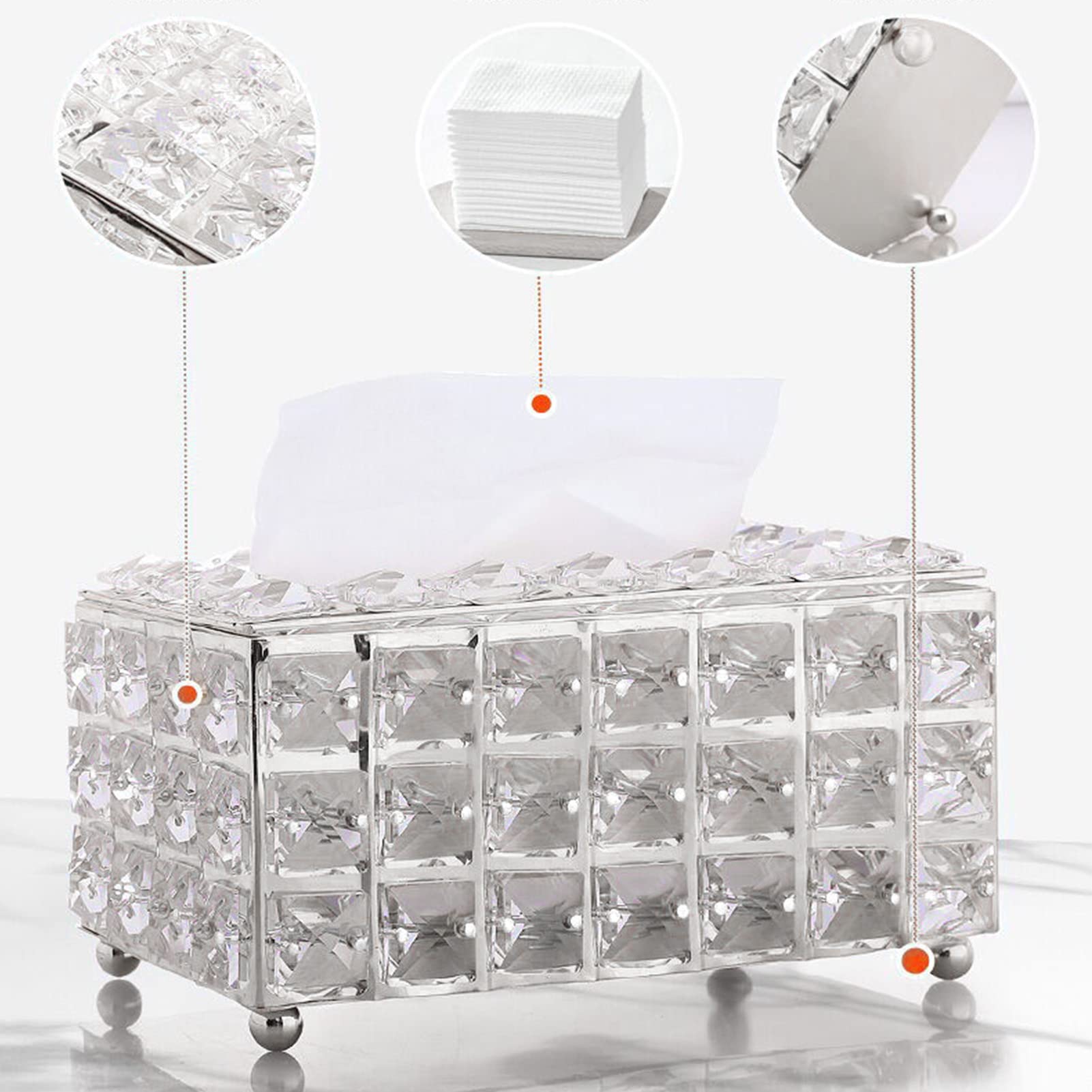 Kristall-Taschentuchbox-Halter, silberfarben, luxuriöser Taschentuchspender aus Metall mit Kristallakzenten, moderner Organizer für Wohnzimmer und Badezimmer