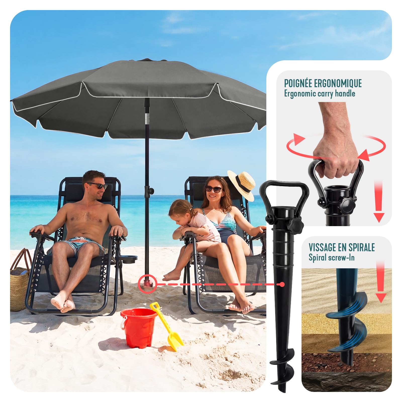 VOUNOT® Ombrellone da Spiaggia 2m Inclinabile Altezza Regolabile, Ombrellone da Giardino con Ancoraggio al Suolo Protezione UV 50+ e Borsa da Trasporto per Balcone, Terrazza e Campeggio, Grigio