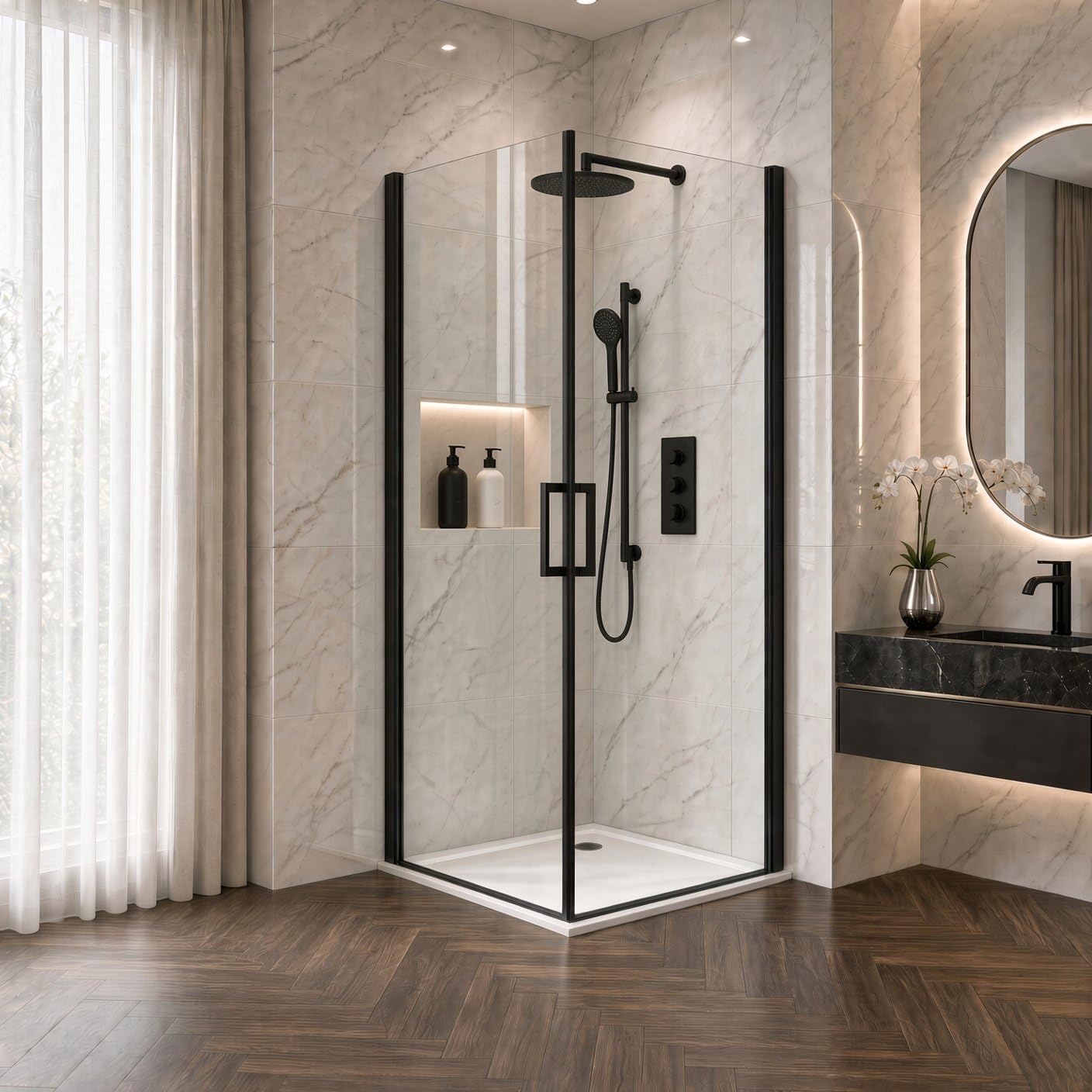 Box doccia angolare 80x80 cm apertura due ante battenti H200 cm cristalli trasparente 6mm profilo Nero Opaco IVO