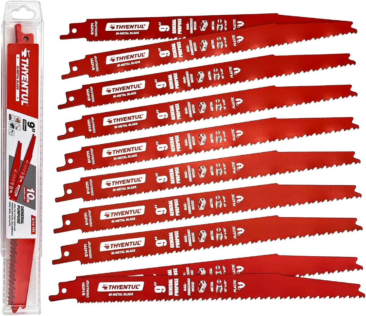 10 Pack 9 Inch 8/14 TPI Reciprocating Saw Blades, Multi-Purpose Bi-Metal Sawzall Blades for Wood & Nail-Embedded Wood,Metal Cutting for 1/8"-3/8" Medium Metals,Compatible with Diablo Sawzall Blade