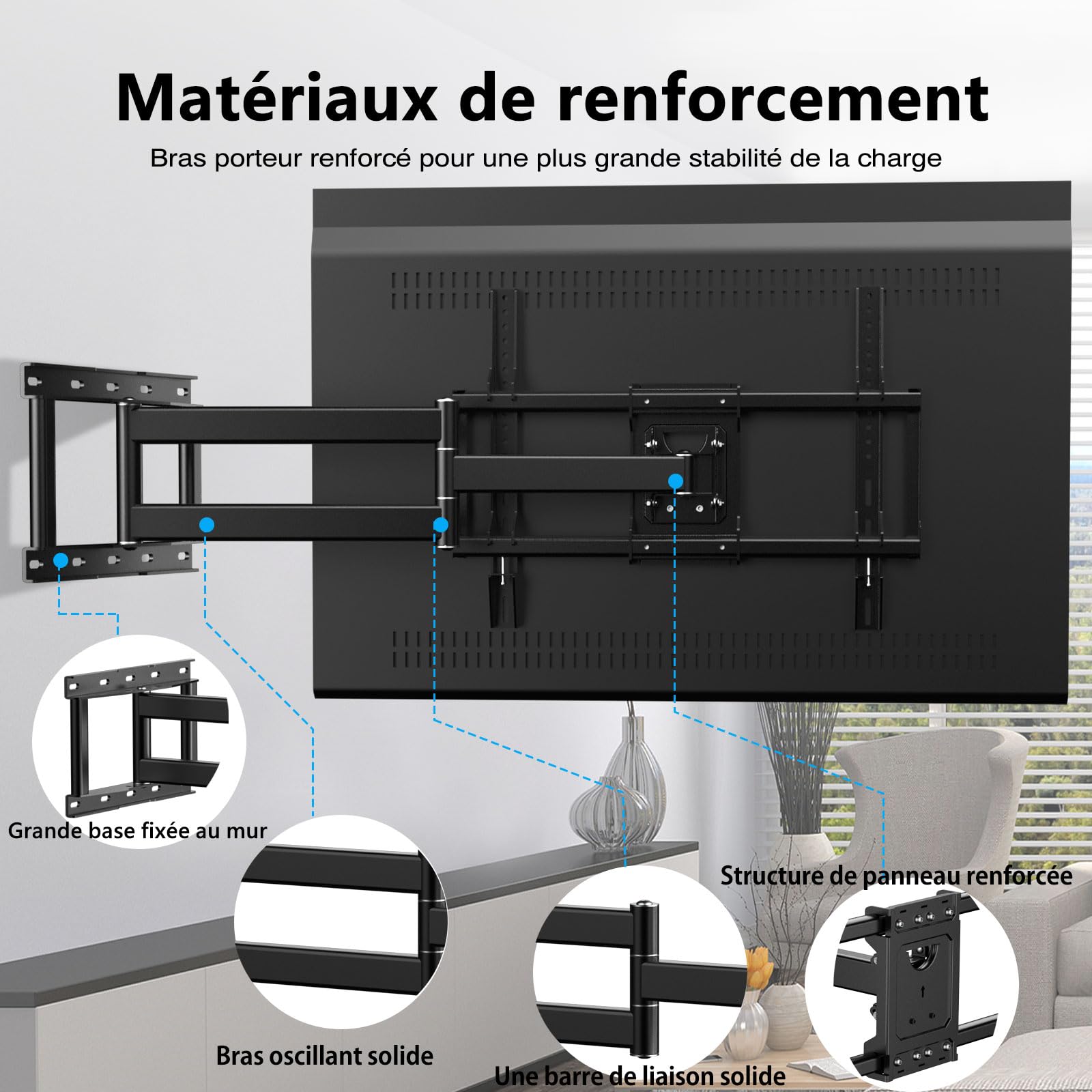 Support Mural TV Inclinable et Orientable avec Bras Long Extension pour 32-80 Pouces Écrans Plats/Incurvés,Fixation Murale TV Ajustable Pivotant à 90 Degrés jusqu'à 50KG Max VESA 600x400 mm