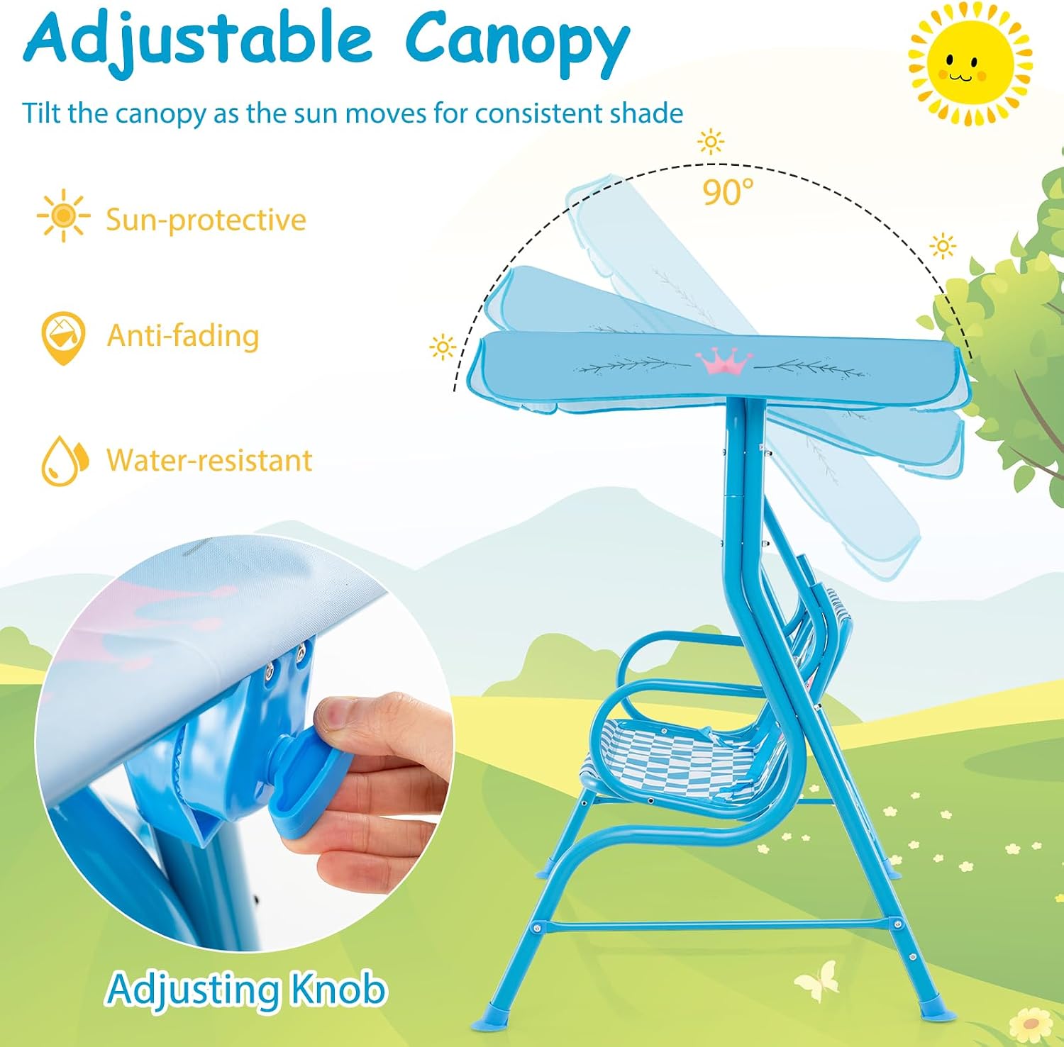 Kids Porch Swing, 2-Seater Outdoor Lounge Chair with Adjustable Canopy & Safety Belts, Metal Stand Hanging Swing Bench, Patio Swing for Backyard, Patio, Lawn, Garden (Blue Flamingo)