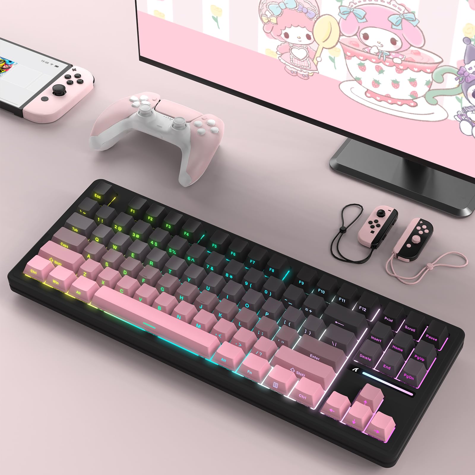 LexonElec x Attack Shark M87 Wireless Gaming Keyboard, BT y 2,4G y Cable, QWERTY 75% RGB Teclado Mecánico, Hot-Swap Interruptor Lineal, Teclas PBT Degradado con Impresión Lateral - Negro/Rosa