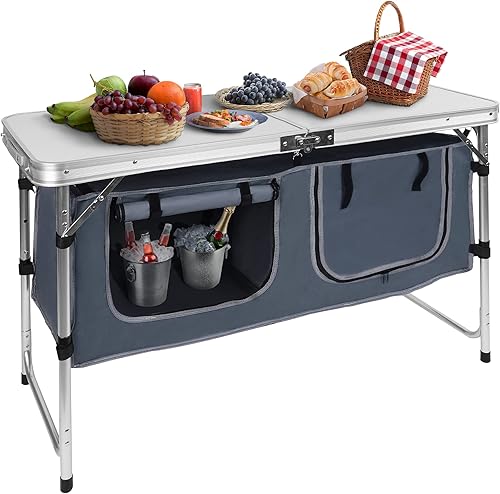 Elevon Compartimento de almacenamiento portátil de aleación de aluminio para camping, comedor, patas de mesa ajustables, adecuadas para playas,