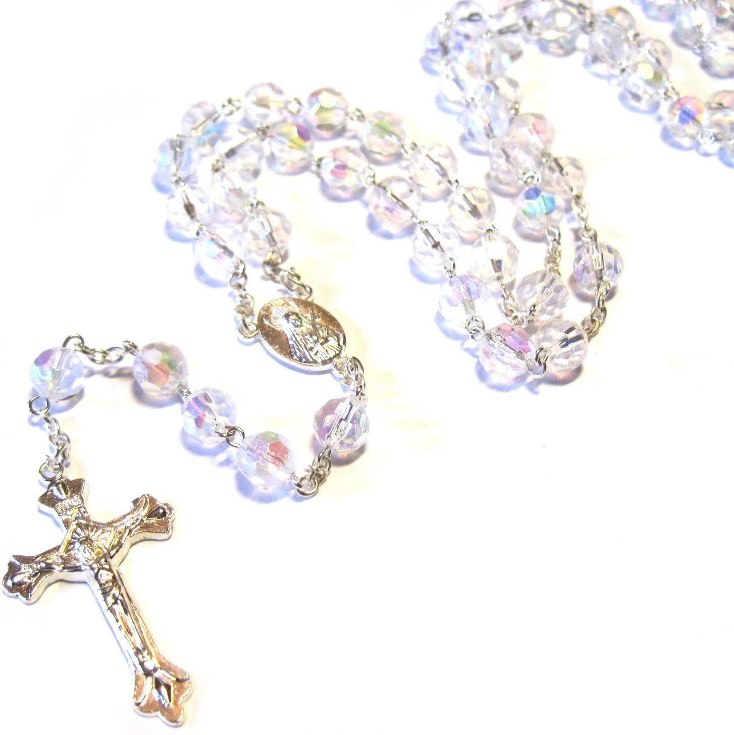 Silver Plated Necklace Rosary Crystal CLEAR Glass Beads & Jesus Crucifix and Jerusalem Cross by Accessory