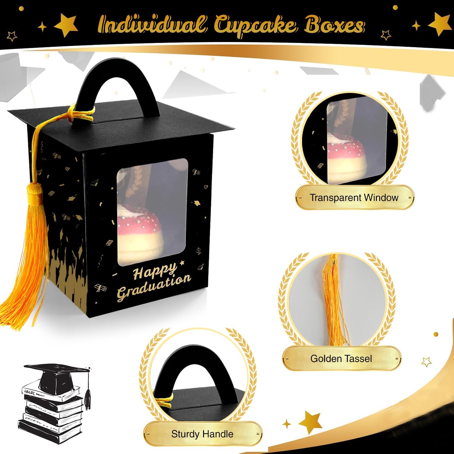 Graduation Cupcake Boxes Individual Cupcake Container Grad Cupcake Gift Boxes with Window for 2026 College Grad Party Bakery Wrapping (Black-30pc)