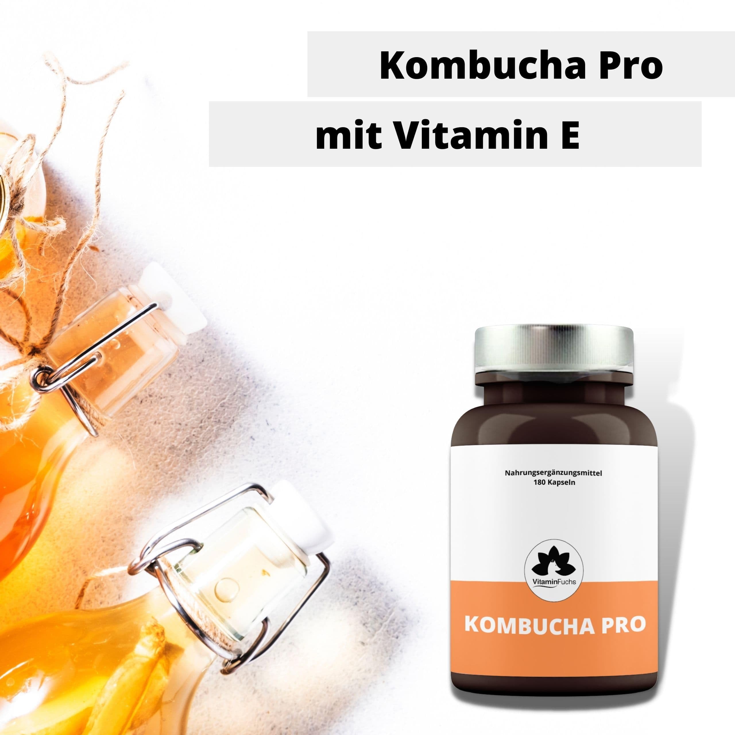 Kombucha Kapseln mit Vitamin E - 3 Monatsversorung mit 180 Kapseln - Kombucha Pilz - Premium Vitamin E Kapseln mit Kombucha-Extrakt von VitaminFuchs