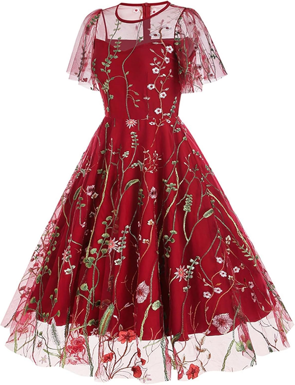 Mini Dress for Women Floral Embroidered Long Sleeve Bodycon Party Dress Sexy Mesh Sheer Fitted Evening Dresses