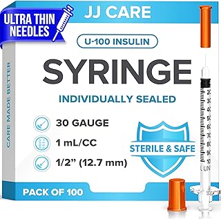 JJ CARE 1ML Syringe (Pack of 100), Lab Supplies Syringes 1cc/ml 30G 1/2 Inch, Individually Wrapped