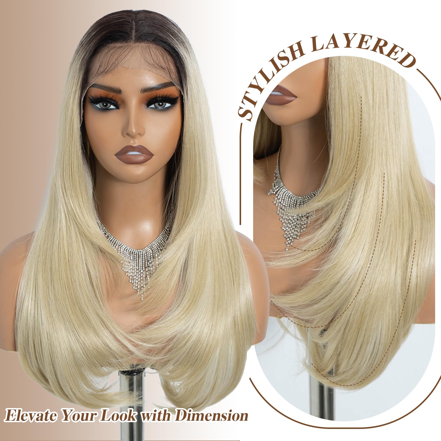 NOBLE Blonde Highlight Straight Layered Wig for Women 24 inch Synthetic Lace Front Wig Ombre Blonde Wig for Daily - Image 4