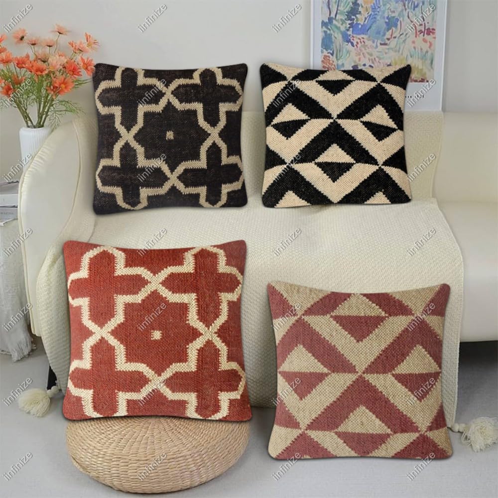 Housses de coussin laine tricotée jute 45x45 cm décoration ethnique bohème chic pour salon et chambre