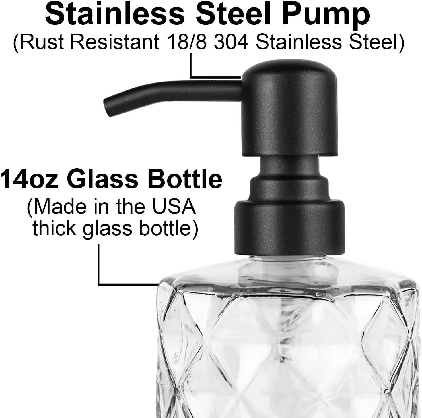 2 Pack Thick Clear Glass Jar Soap Dispenser with Matte Black Stainless Steel Pump, 14ounce Diamond Design Bottles Dispenser with Rustproof Pump for Essential Oil, Lotion Soap (Clear Glass)