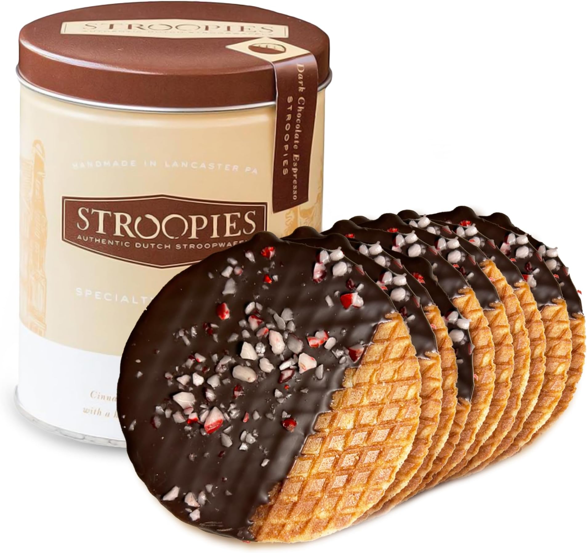 10 Peppermint Sprinkled Stroopwafels - Caramel Filled Stroopies - Perfect Holiday Stroopwafel Tin - Waffle Cookies Perfect For Coffee, Tea & More - Dutch Cookies Handmade in USA