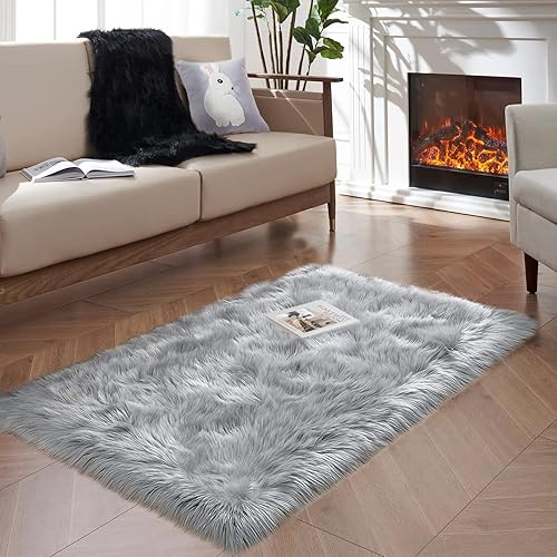 Miniatura 123 de Goolela Alfombra de piel sintética blanca de 2 x 6 pies, alfombra rectangular de piel de oveja sintética para dormitorio, mullida y mullida Blanco