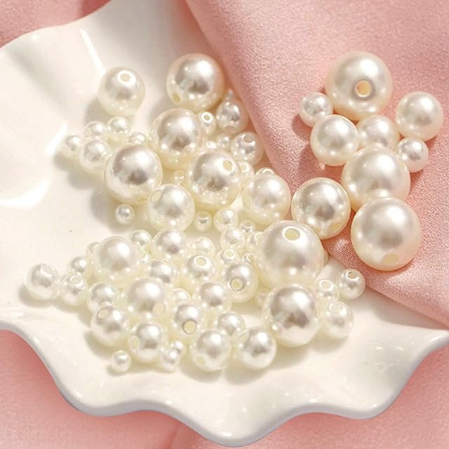 1560 Pcs Pearl Beads Ivory Fake Pearls for Crafting 4mm 6mm 8mm 10mm Pearl Beads for Bracelets Necklaces Jewellery Making Earring Knitting Decorations White Round Pearl Beads with Hole