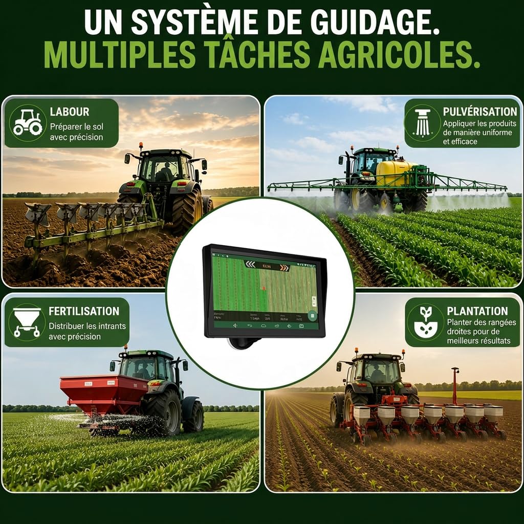 Navigateur GPS pour Tracteur pour l’Agriculture de Précision, Navigateur Agricole GNSS avec Écran Tactile de 9", Adapté à la Pulvérisation, au Labour et au Semis, Positionnement Automatique