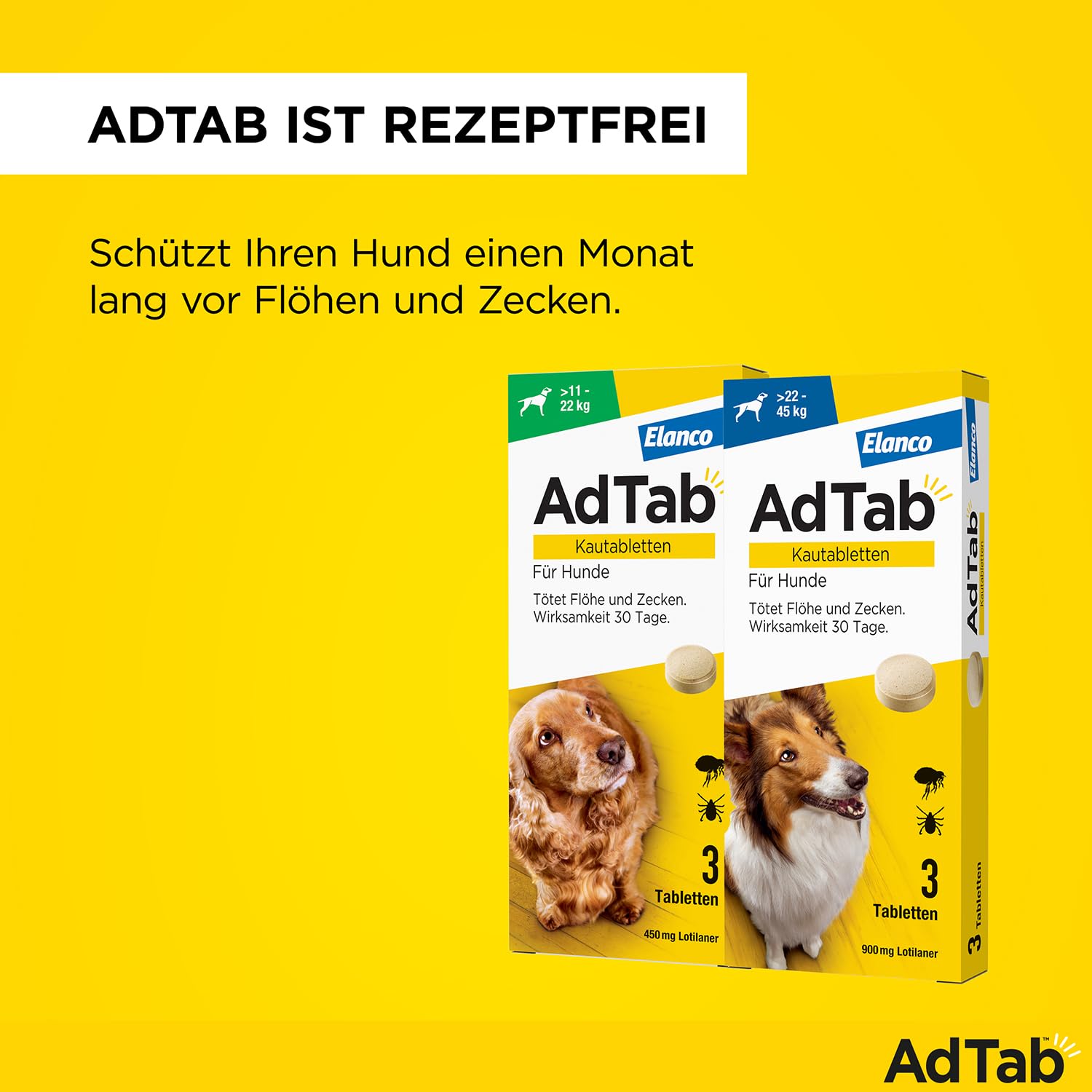 AdTab Kombi-Set: Zecken- & Flohschutz für 2 Hunde in verschiedenen Größen (>11-22 kg & >22-45 kg), 2 Packungen mit je 3 Kautabletten, einfach zu verabreichen & schmackhaft