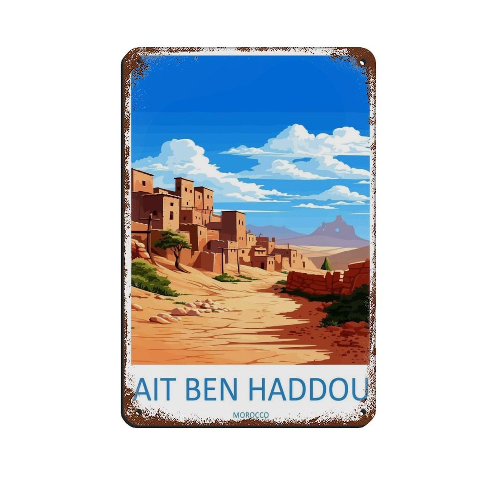 Aït Benhaddou Travel Art Morocco Art Gift Tin Sign Vintage Metal Pub Club Cafe Bar Home Wall Art Decoration Poster Retro 8x12inch(20x30cm)