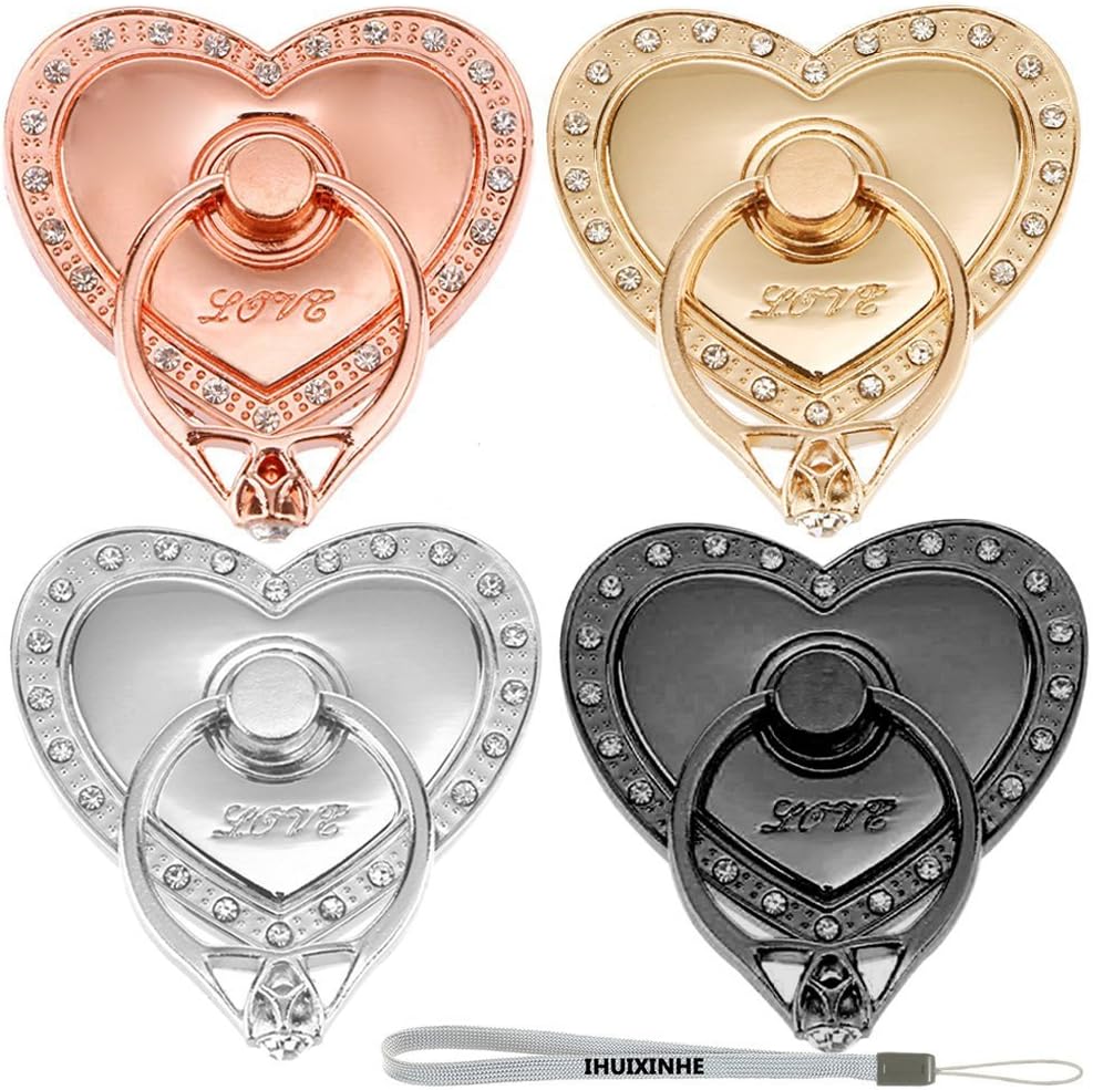 IHUIXINHE Phone Ring Holder, Universal Phone Stand, 4PCS 360° Rotation 3D Aluminium Alloy Ring Grip for iPad, iPhone X iPhone 8, 8Plus, 7, 7Plus, Samsung S9 Note8, Huawei All Cell Phone (Heart)