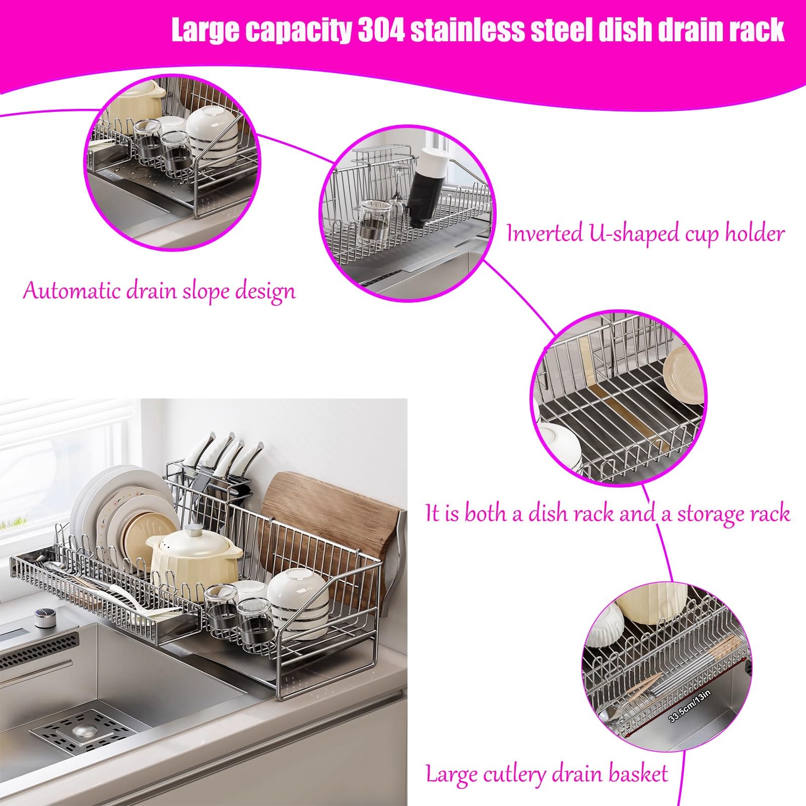 Genérico Escurreplatos de Acero al Carbono Blanco cremoso de Gran Capacidad - Modelo E de encimera, Resistente a la oxidación, diseño Robusto, organizar la Cocina y secar los Platos.