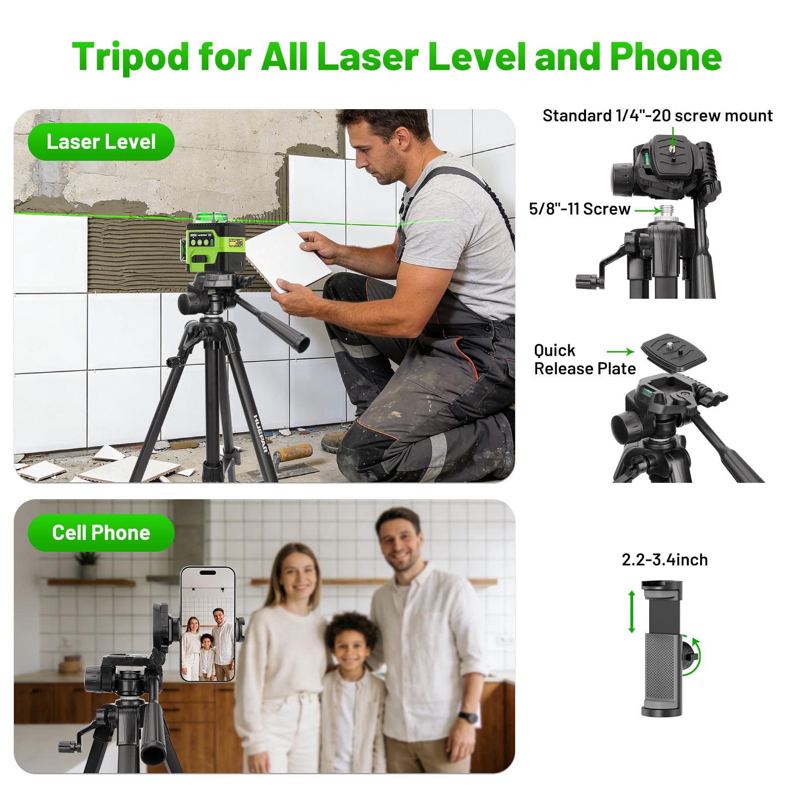Huepar Trépied de niveau laser de 119,4 cm, trépied pour mesures de distance laser, téléphone et appareil photo, trépied professionnel en aluminium avec support de filetage de 6,35 mm, sac de