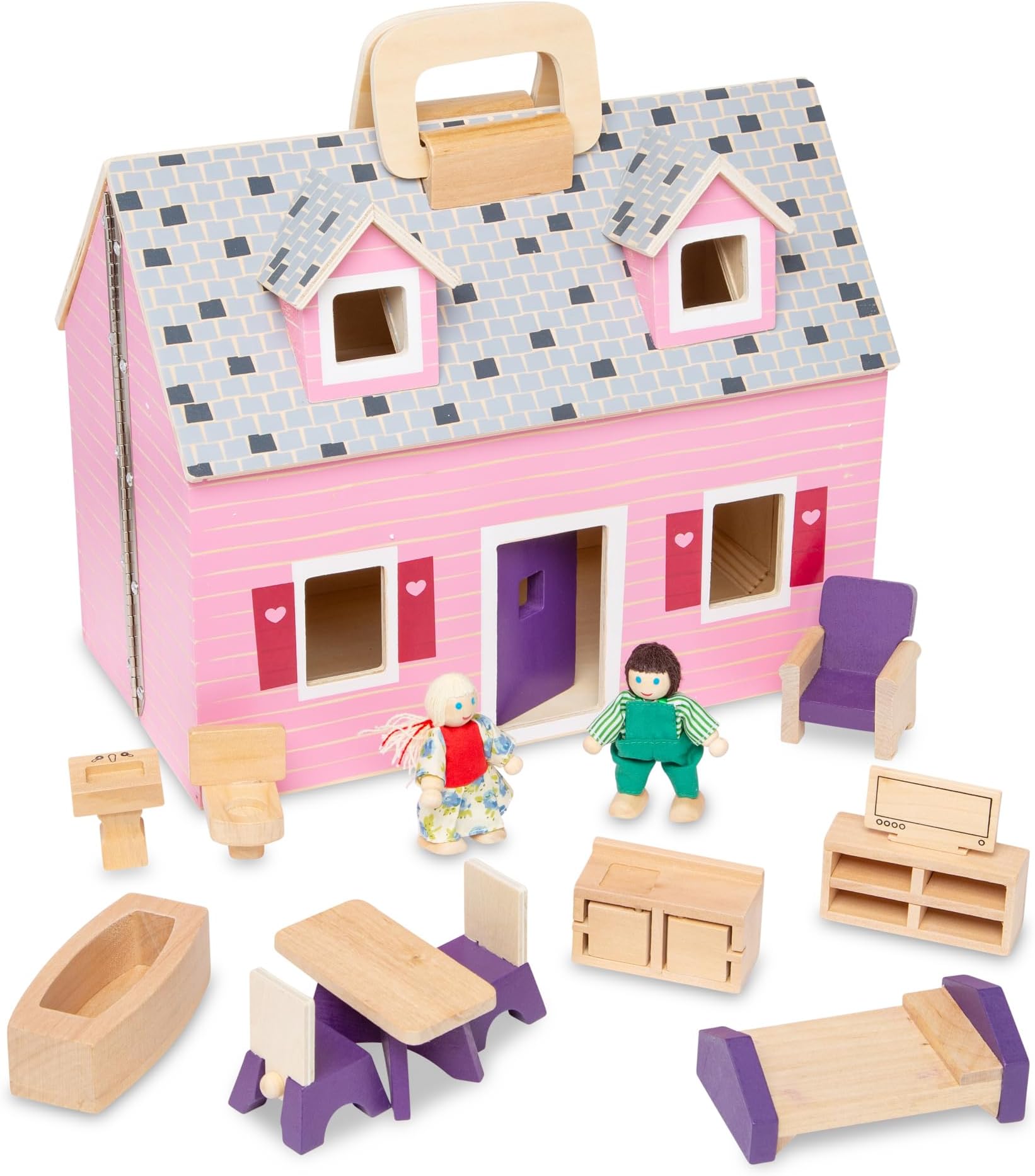 Melissa & Doug Fold and Go木製ドールハウスwith 2人形and木製家具