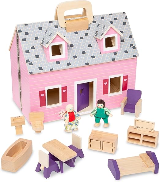 Melissa & Doug Fold and Go Wooden Dollhouse with 2 Dolls and Wooden Furniture,Multi,One Size