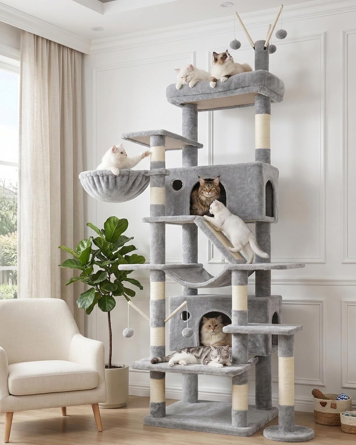 Hey-brother Cat Tree Tower, Sturdy Multi-Level Scratching Posts with Extra Supporting Part, 5 Teaser Toys, 2 Condos, Large Bed, Hammock, Scratch Baord for Indoor Cats, 82.7 Inches, Light Gray MPJ082W