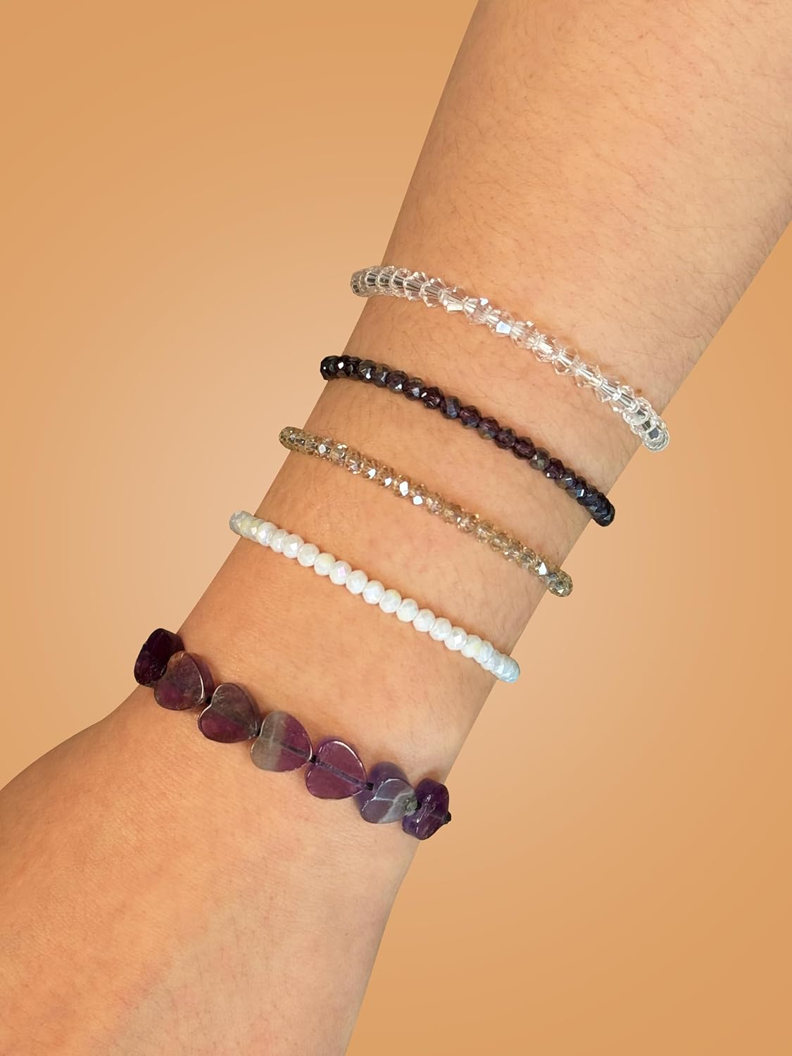 CATCHY & CRAFTY 5 Pcs Natural Stone Heart Bracelet Crystal Glass Bead Bracelets for Women Healing Gemstone Stretch Hanmade Yoga Bracelets Jewelry Gift - Image 3