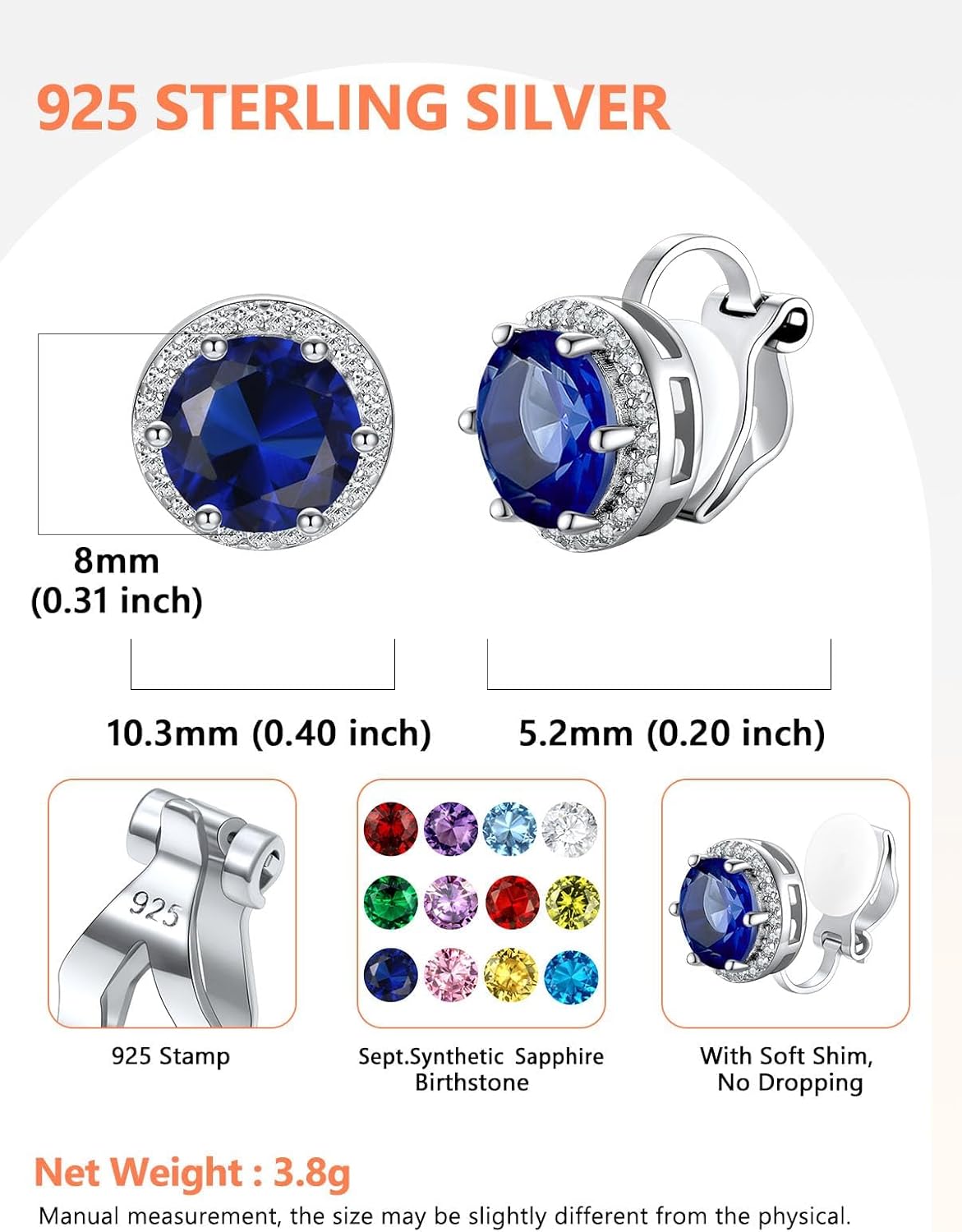 Silvora 925 Silver 8MM Cubic Zirconia Birthstone Clip On Stud Earrings Round Non Pierced Earrings For Women,Come with Box