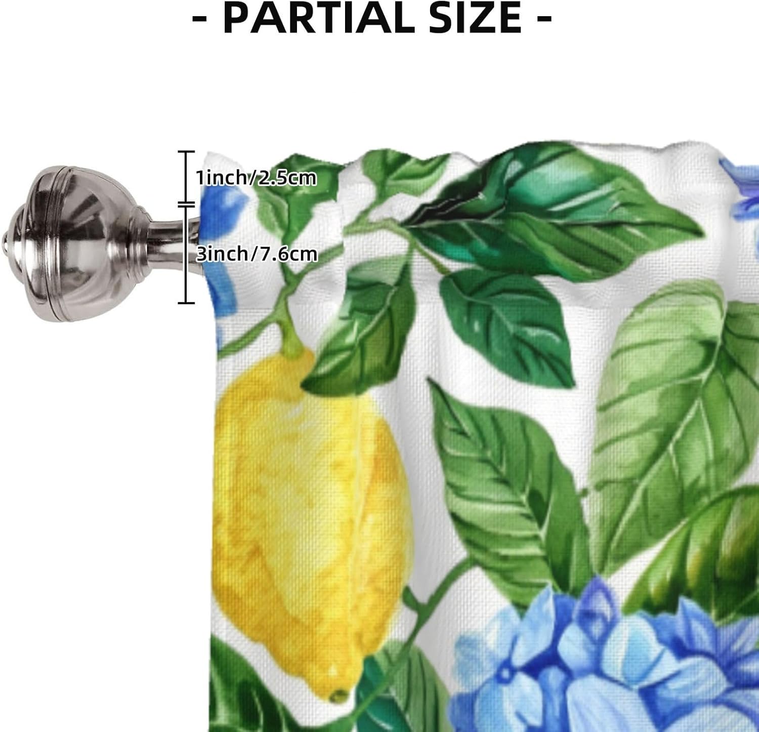 Valance for Windows Summer Watercolor Blue Hydrangea Yellow Lemon Kitchen Curtains Valances Rod Pocket Window Treatment Short Topper Curtains 1 Panel, 54x18inch