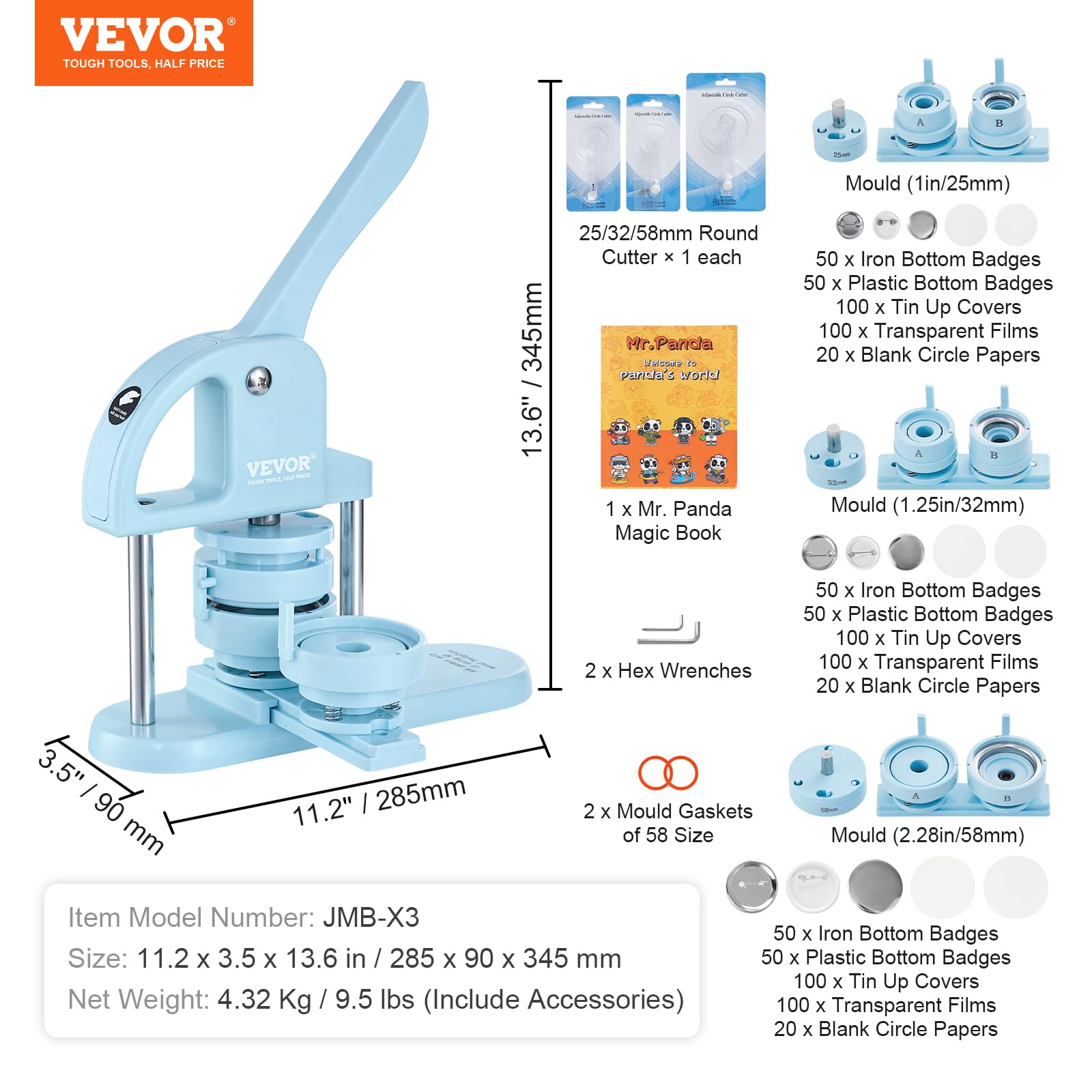 VEVOR Button Maker, 1/1.25/2.3 "(25/32/58mm) 3-in-1 Pin Maker, 300pcs Button Maker, macchina per la creazione di bottoni con libro magico panda, kit di punzonatura ergonomica con manico ad arco, per