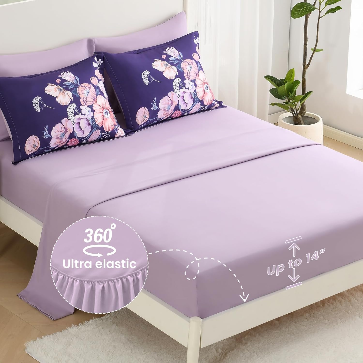 King Size Comforter Set - 7 Pieces Floral Comforter and Sheet Set, Dark Purple King Size Bed in a Bag, Soft Microfiber Flower Complete Bedding Set for All Seasons（Dark Purple,104"x90"） - Image 4