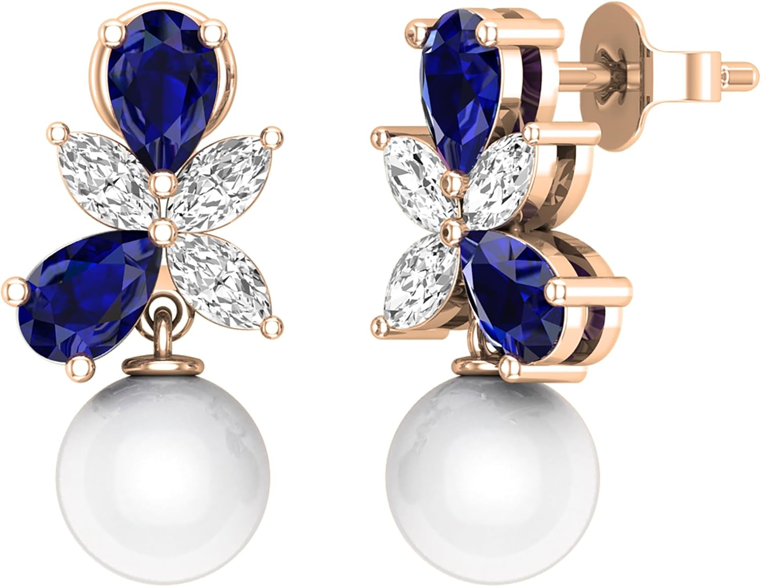 Dazzlingrock Collection 7.00mm each Round Cultured Freshwater Pearl & Pear Lab Created Blue Sapphire, Marquise White Natural Diamond Dangling Earrings for Her in 14K Real Solid Gold