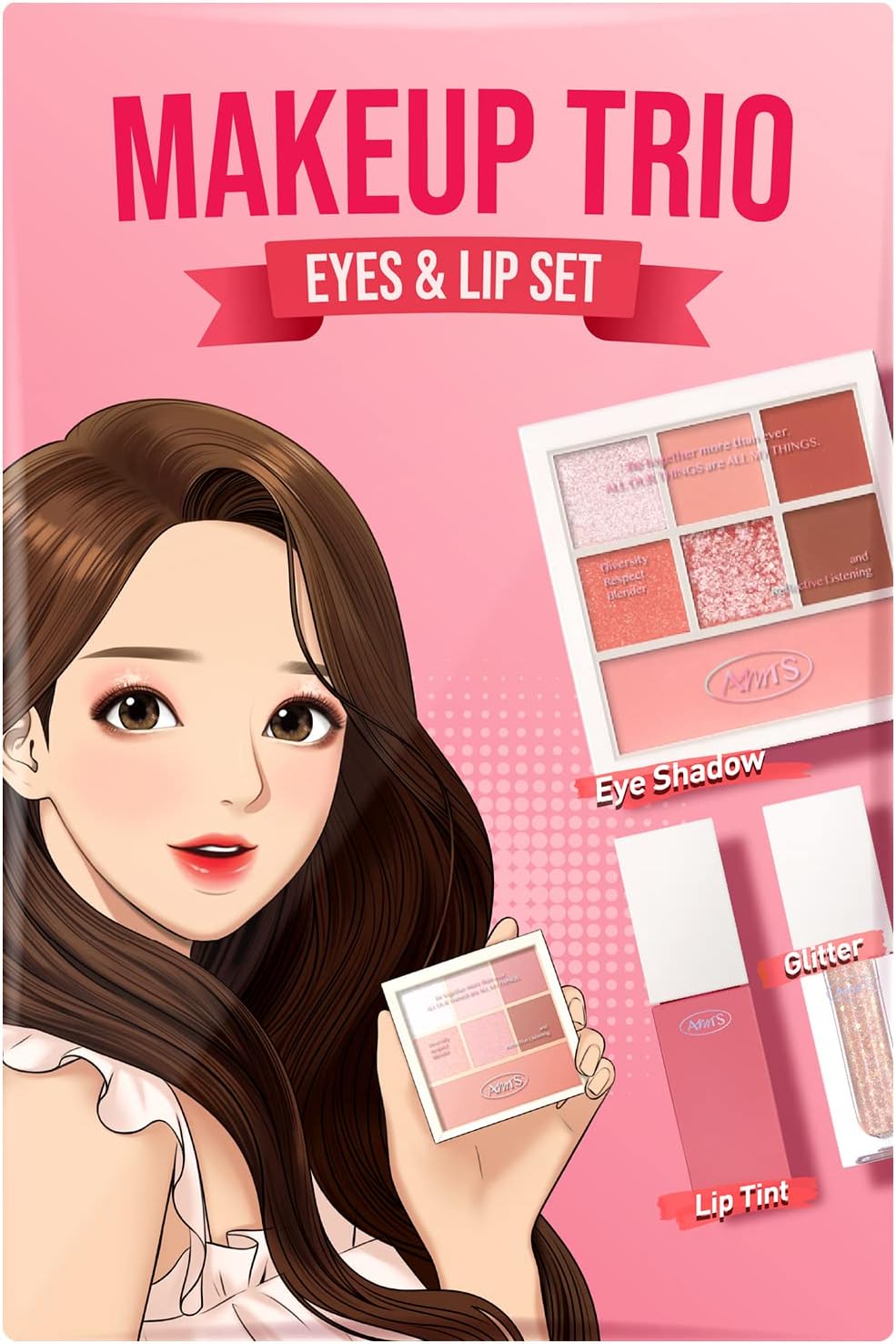 AMTS x True Beauty Makeup Edition, Trio Set (7colors Eyeshadows, Liquid glitter, Lip stain tint