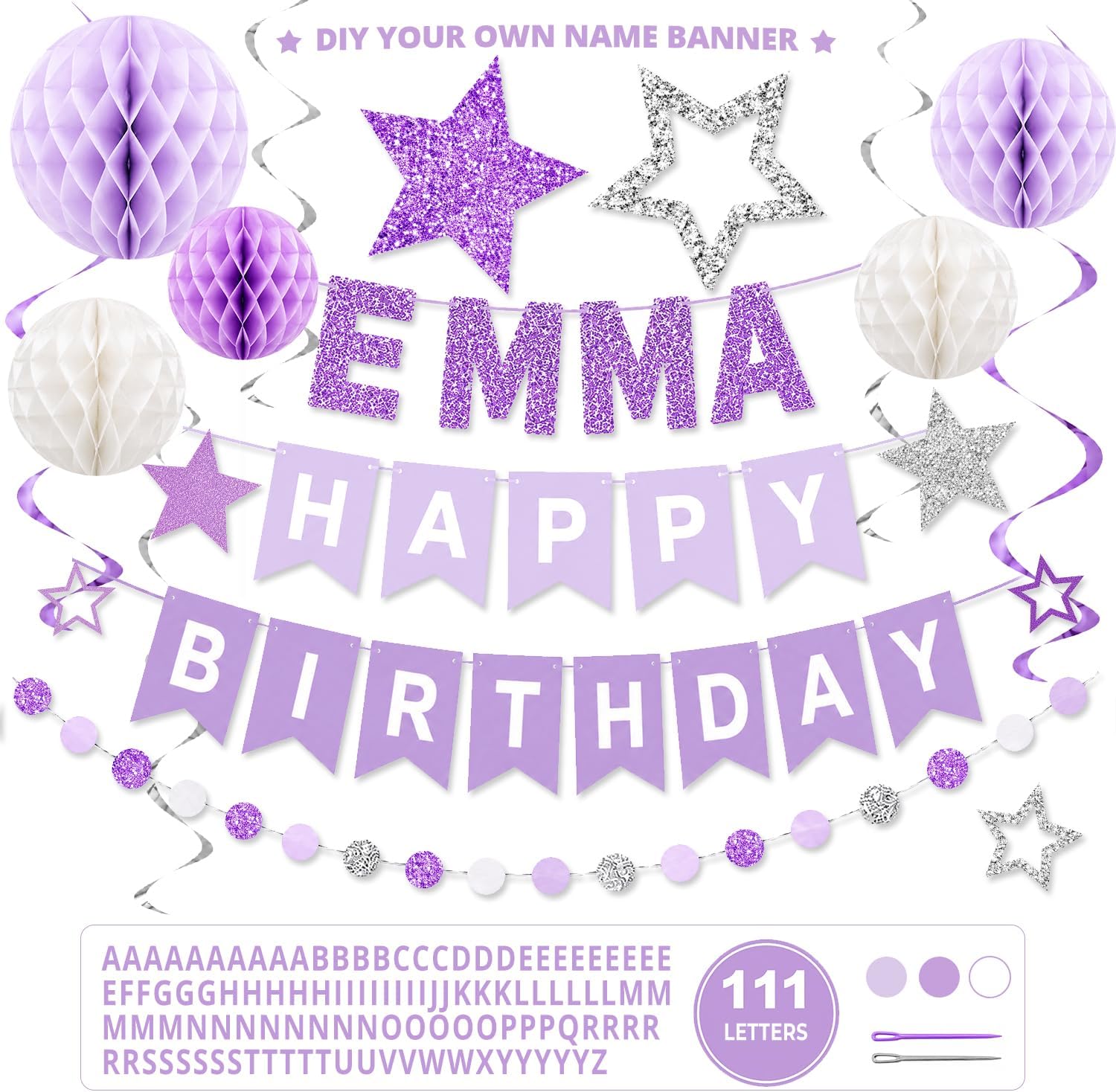 Lavender Birthday Decorations for Women,Custom Purple Happy Birthday Banner