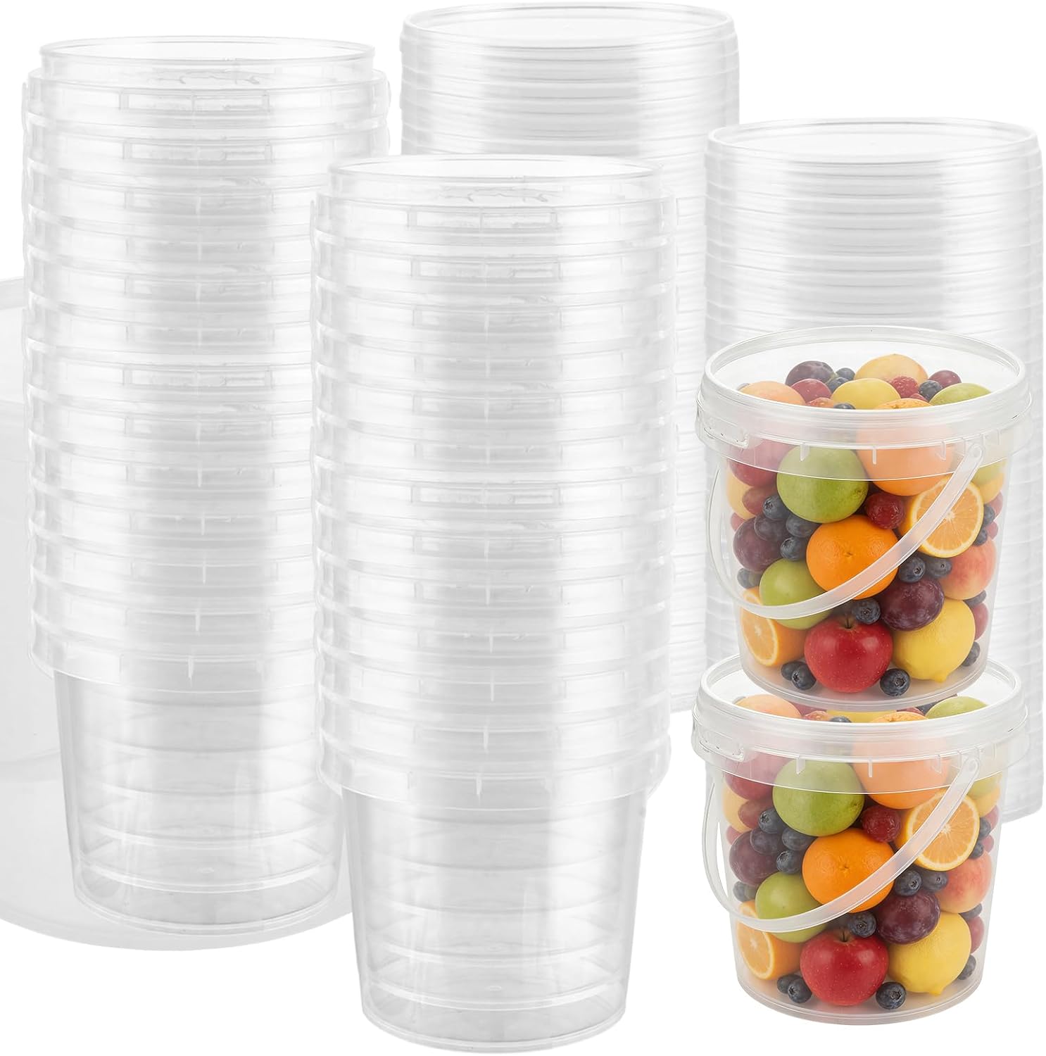 40PCS 24 oz Clear Buckets with Lids and Handles, Plastic Ice Cream Buckets, Airtight Ice Cream Tub Round Plastic Food Storage Container for Snacks Deli Fruits Drinks