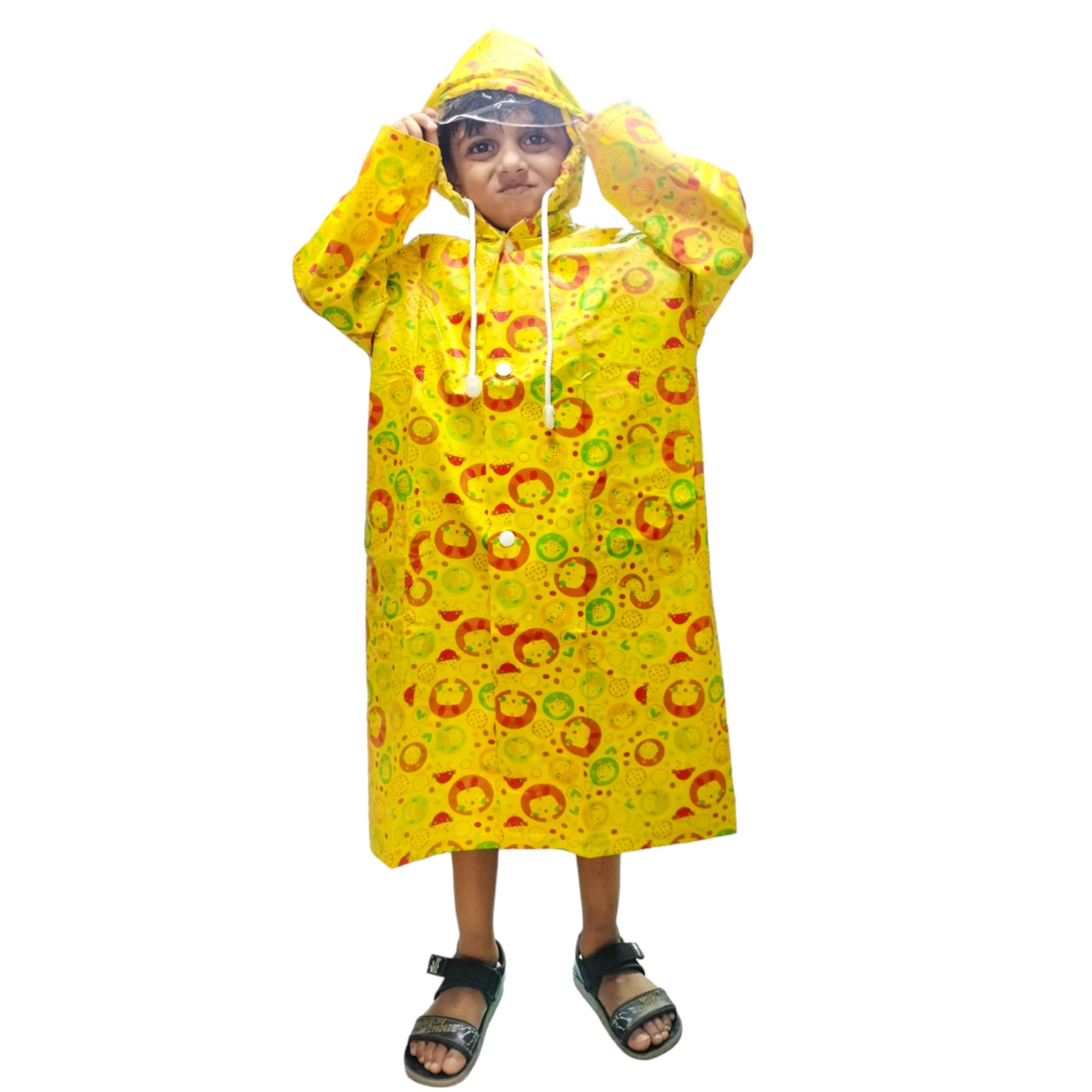 D8211K Kids Raincoat with Storage Pouch – Lightweight, Waterproof, Cartoon Print Poncho for School, Travel & Outdoor Fun (IN, Age, 8 Years, 9 Years, Yellow) 3