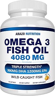 Arazo Nutrition 野生魚類 Omega 3 魚油 – 60 顆軟膠囊 – 4,080 毫克 高含量 EPA 1200 毫克 DHA 900 毫克 檸檬口味 不易致嗝 軟膠囊