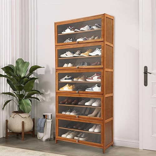 Miniatura 7 de Gabinete de bambú para zapatos de 11 niveles con puertas, organizador independiente de bambú con estantes, zapatero alto con puertas transparentes
