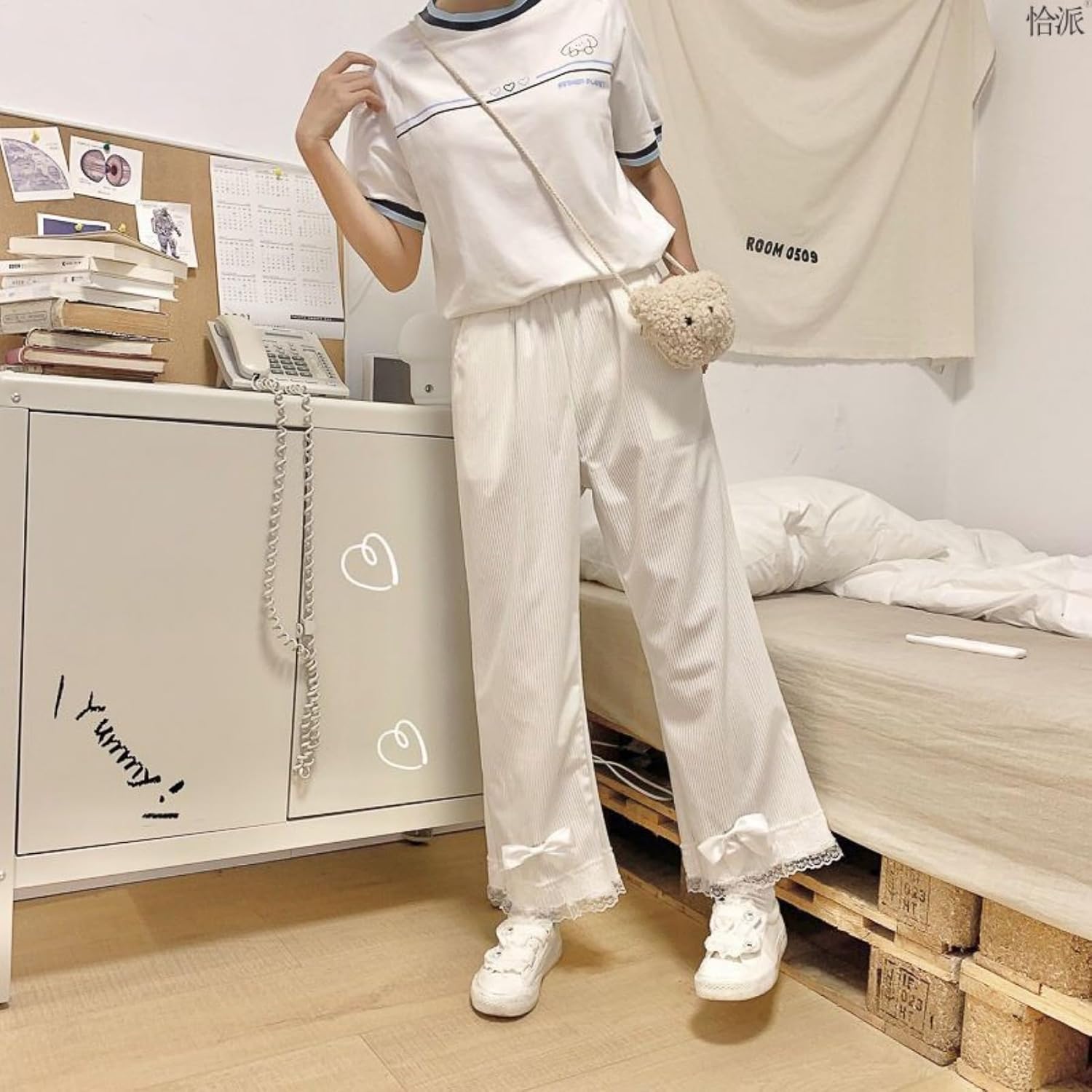 Lace Trim Pants With Bow Tie Kawaii Lolita Elastic Waist Straight Leg Sweatpants (White, XL, X-Large)