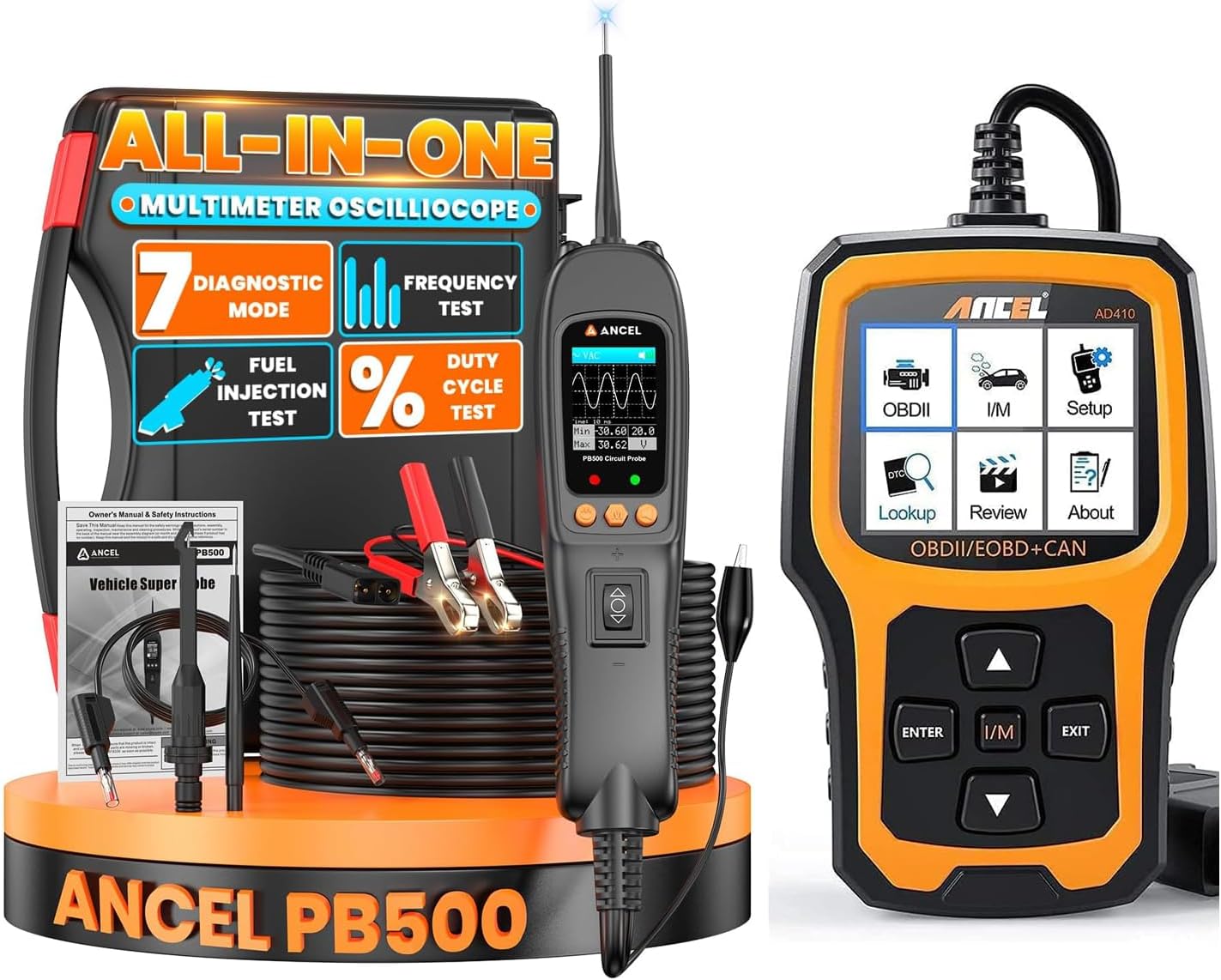 ANCEL AD410 Enhanced OBD2 Scanner + ANCEL PB500 Automotive Power Circuit Probe Tester Kit