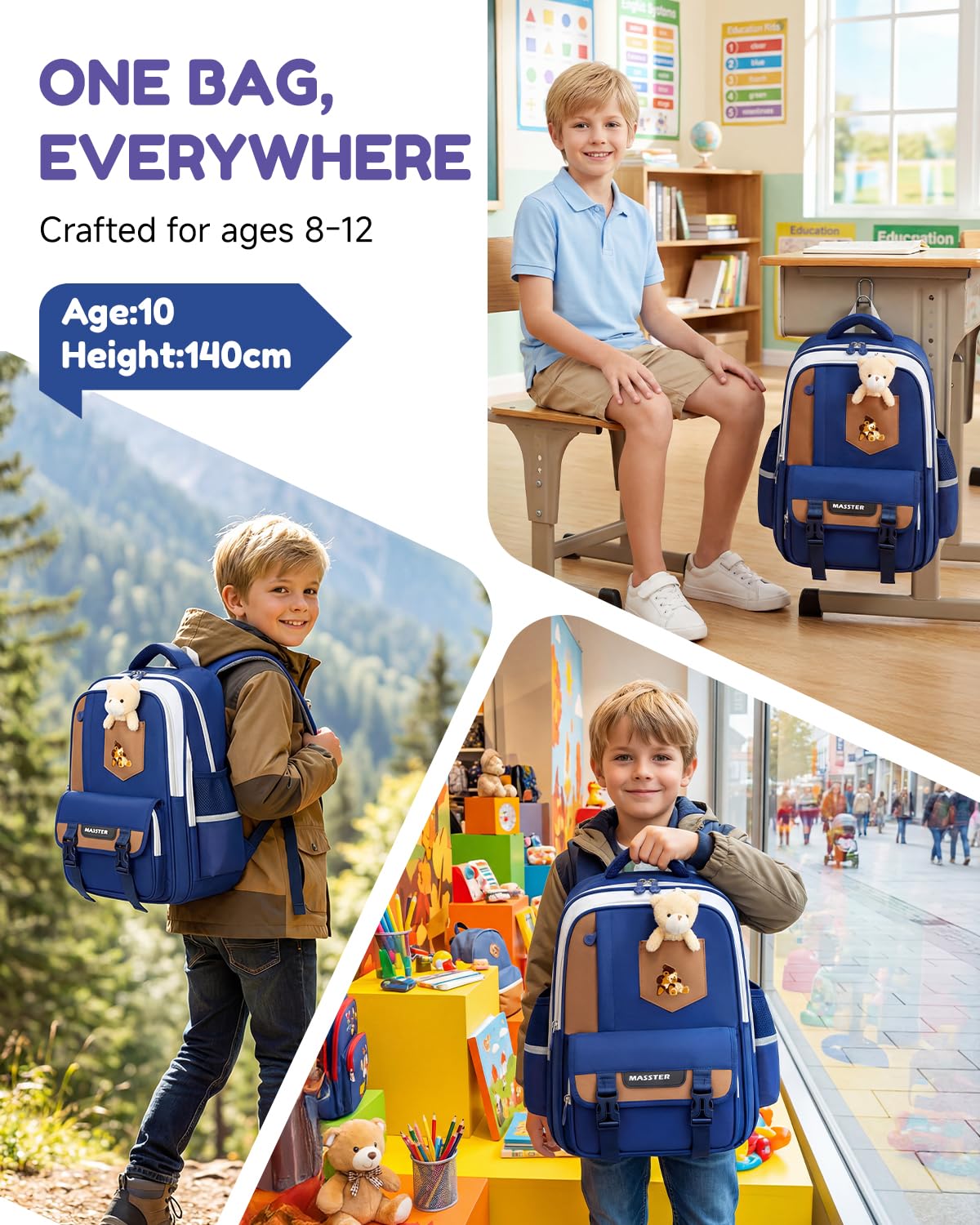 Amythe Zaino Scuola Elementare Bambino 6-10 Anni – Zaino Bambini Leggero (600g) Ergonomico con Fasce Riflettenti – Impermeabile per la Scuola, i Viaggi e il Quotidiano - Blu