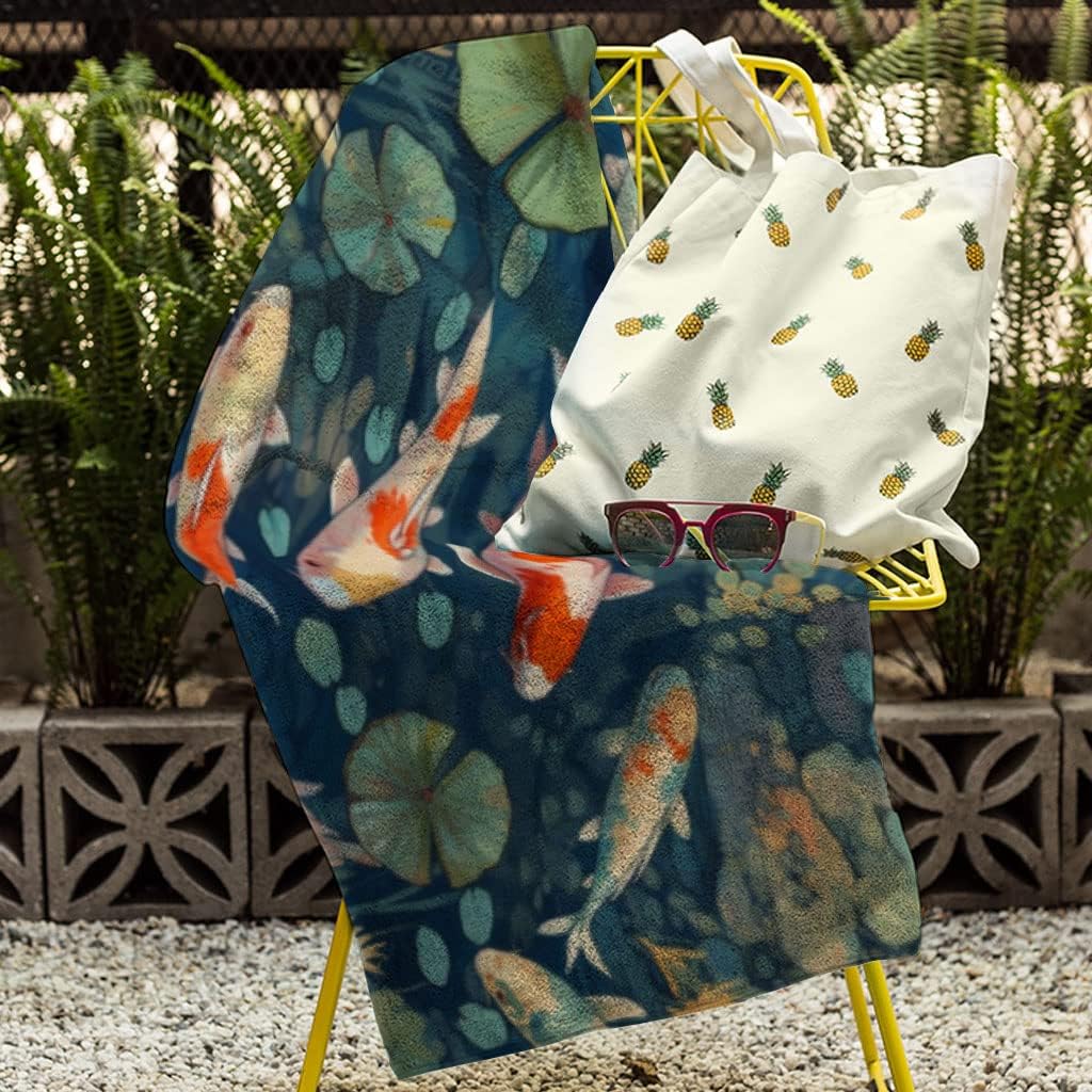 Beautiful Koi Fish Pond Beach Towel - Art Pool Towel - Graphic Absorbent Towel - 30 x 60 inches