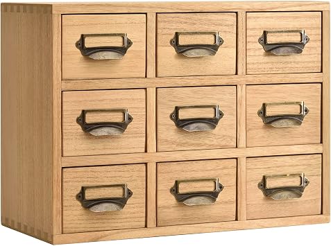 KIRIGEN Wooden Desk Storage Cabinet with 9 Mini Drawers, Wood Desktop Organizer with Metal Label Handles for Office Supplies, Crafts, Tea Bags, Makeup, Natural 9CG-NA