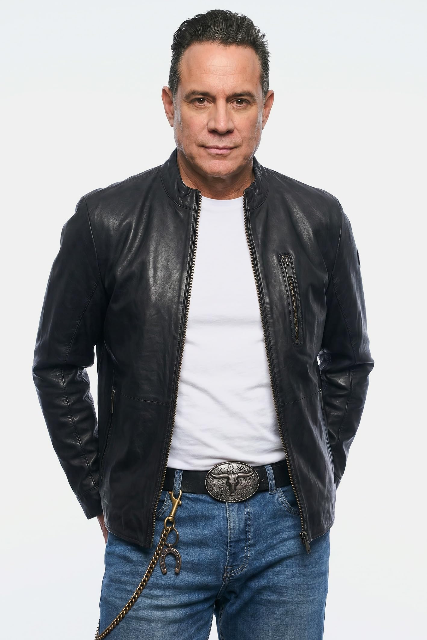 JP 1880 Chaqueta de Cuero, Estilo Motero, Cuello alzado, Cremallera 815880