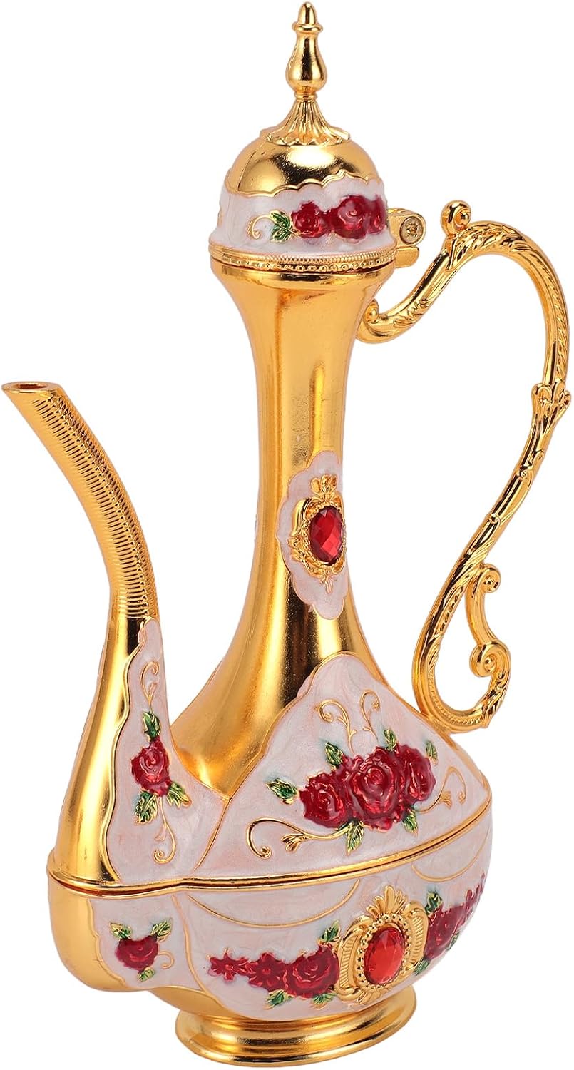 Vintage Turkish Coffee Pot Set, Turkish Tea Set with 6 Cups and Tray, Zinc Alloy Rustproof Colorfast Elegant Coffee Pot and Cup Set for Home Party Wedding Banquet (Gold White Red)
