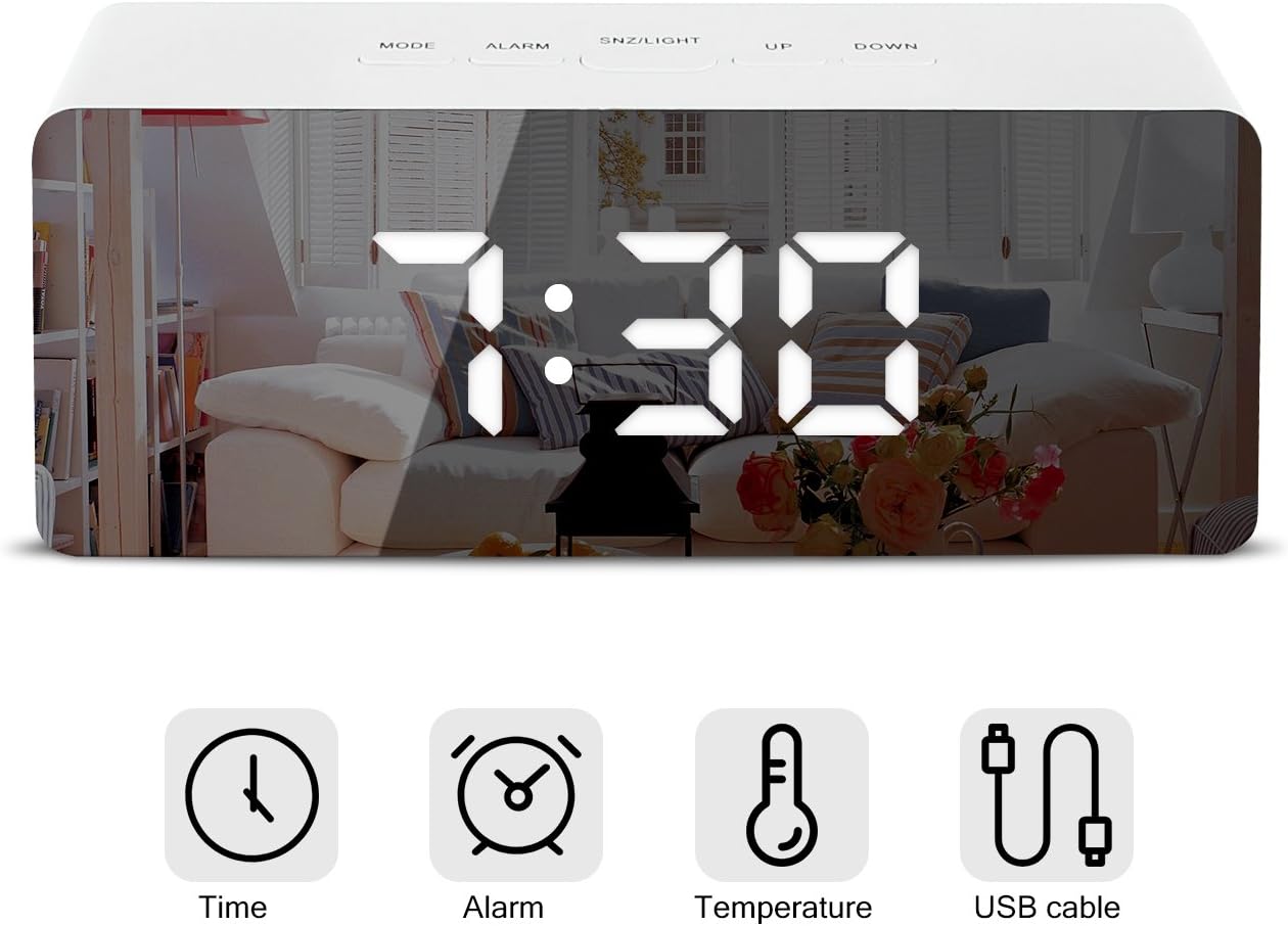 M SANMERSEN Digital LED Alarm Clock Portable Mirror Alarm Clock Large LED Display with Snooze Time Temperature Function for Bedroom, Office, Travel - Battery Powered & USB Powered