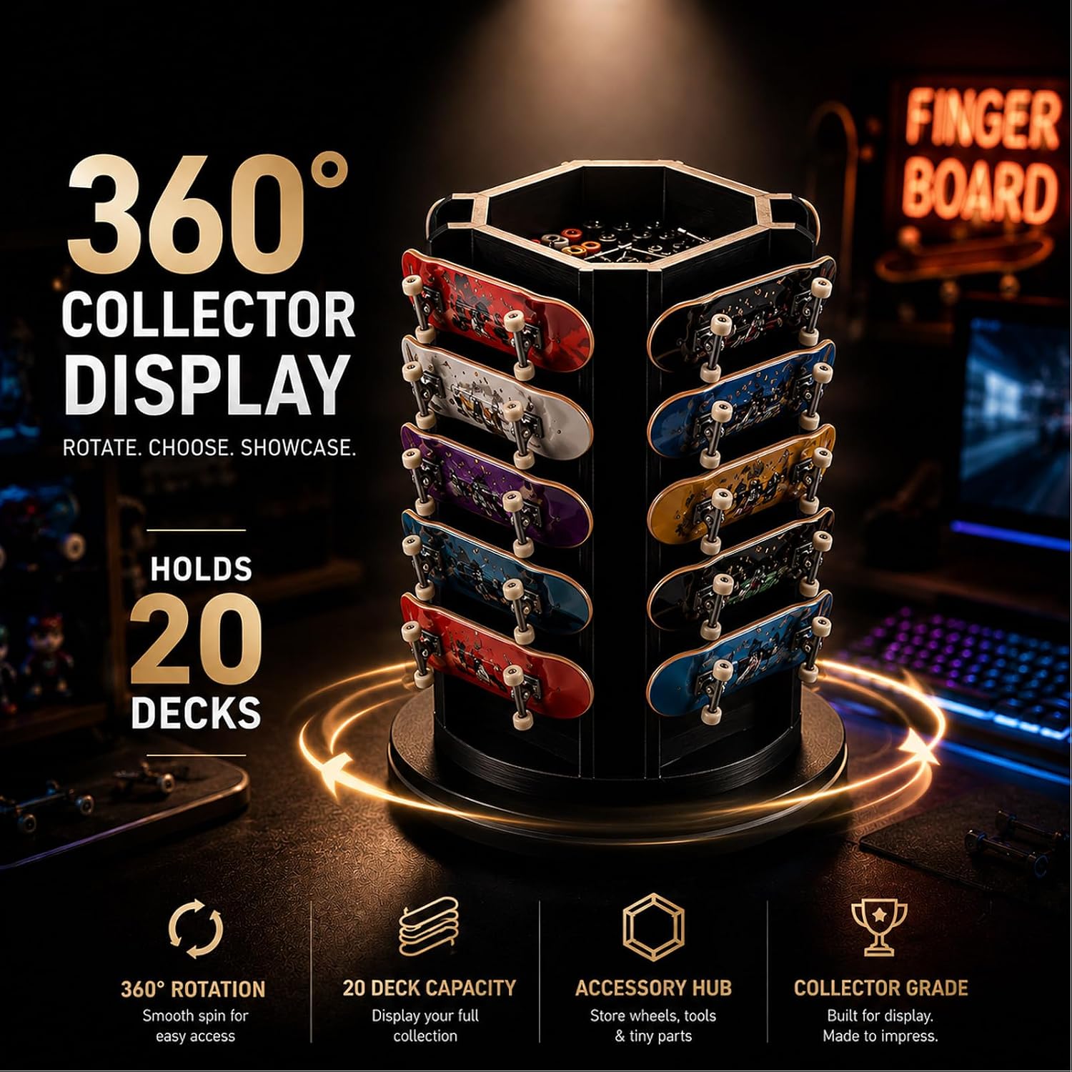 Fingerboard Display Stand - 360° Rotating Finger Skateboard Rack, Holds 20 Decks with Parts Storage Hub, Desktop Pro Organizer for Teens & Collectors image 2